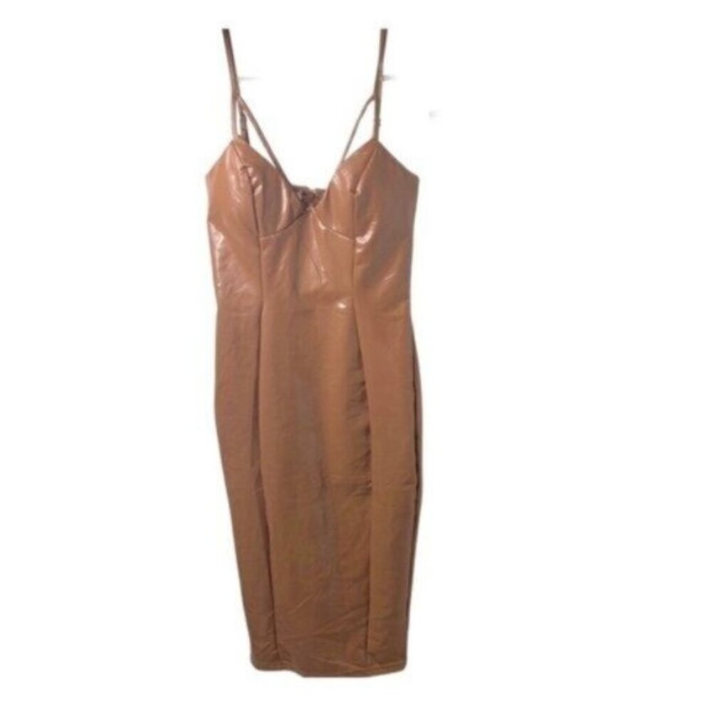 NWT Kaylee Kollection Brown Mocha Faux Leather Bodycon Slip Dress Small